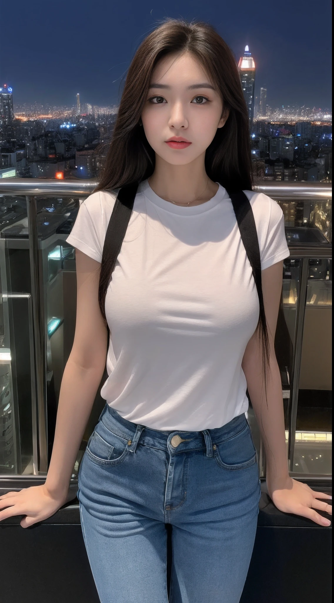 ((Midnight, Best quality, 8k, Masterpiece :1.3)), Whole body, Long legs, Sharp focus :1.2, A pretty woman with perfect figure :1.4, Slender abs :1.1, ((Dark brown hair, Big breasts :1.2)), (White tight tshirt, Jean bib, Standing:1.2), ((Night city view, Rooftop:1.3)), Highly detailed face and skin texture, Detailed eyes, Double eyelid