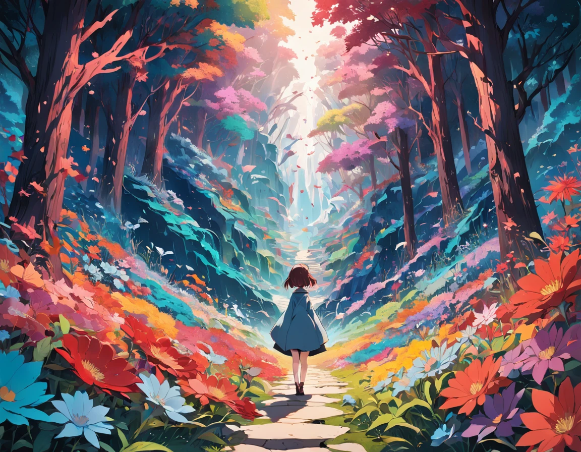 a paper cut up with a design of colorful flowers, in the style of desolate landscapes, packed with hidden details, strip painting, light red and light blue, colorful storytelling, textured shading, colorful imagery