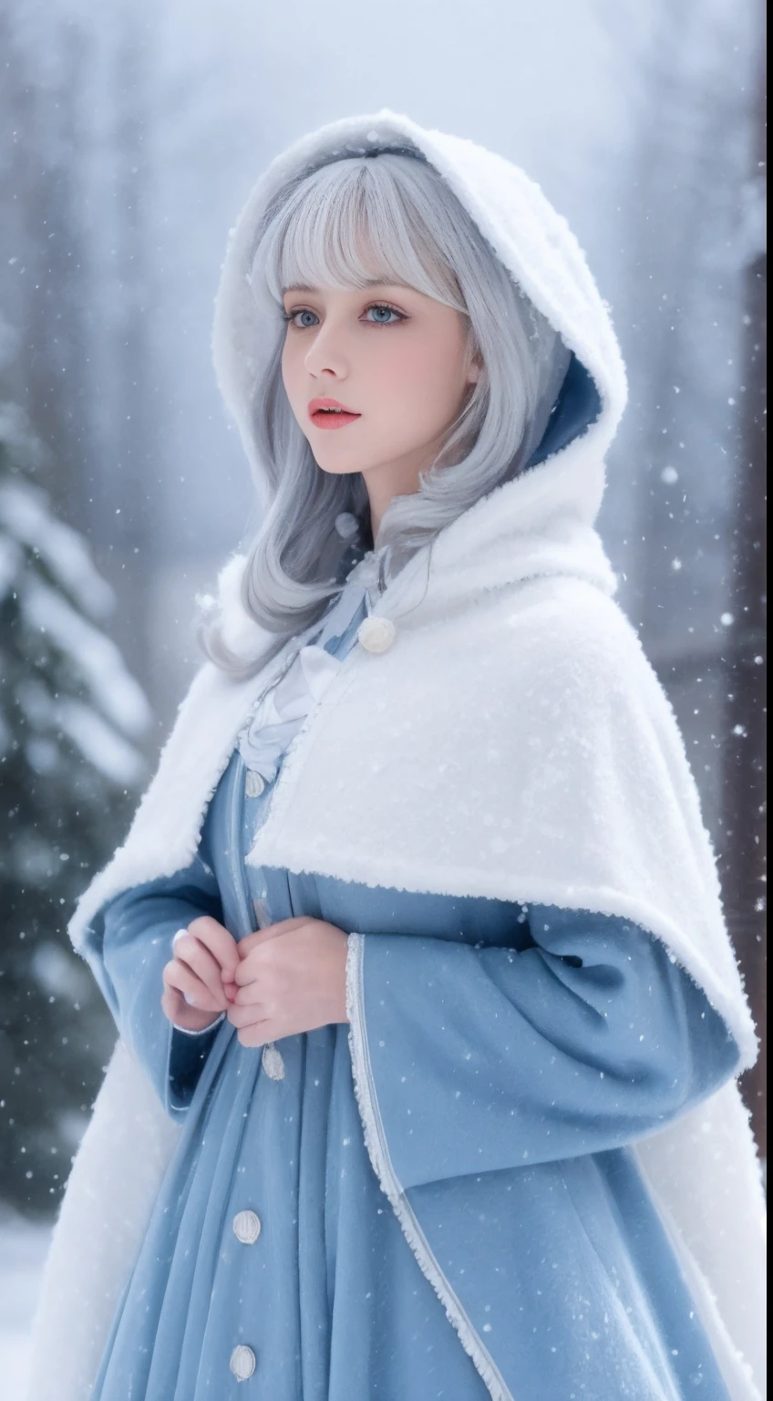 Photorealistic, high resolution, 1 Women, Solo, (ta costume),Gorgeous costumes,Face the audience,The upper part of the body,upper legs, beautidful eyes, White hair, ringed eyes, (outside,Heavy snowfall,Cloak,Cover with snow),snowfield,Blue eyes,Illustrations of the highest quality,A meticulous face