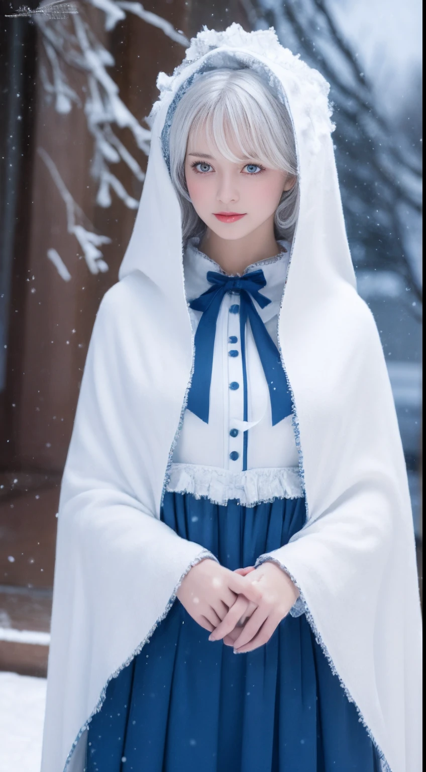 Photorealistic, high resolution, 1 Women, Solo, (Lolita costume)，Gorgeous costumes，Face the audience，The upper part of the body，upper legs， beautidful eyes, White hair, ringed eyes, (outside，Heavy snowfall，Cloak，Cover with snow)，snowfield，Blue eyes，Illustrations of the highest quality，A meticulous face