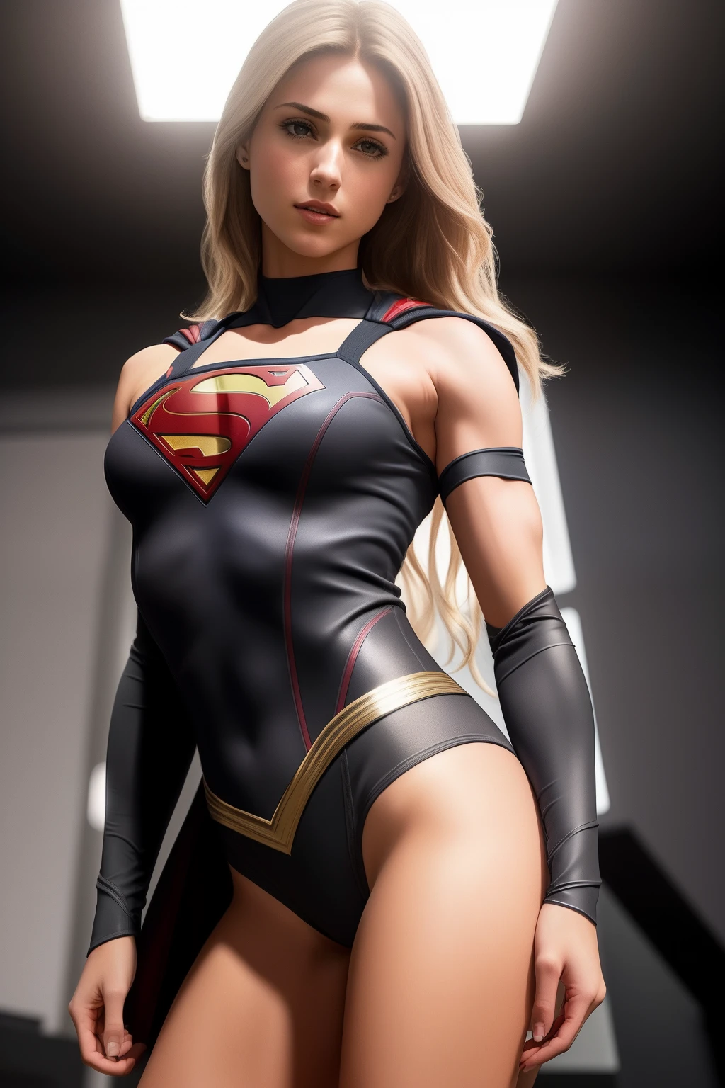 (raw photo,8k,photorealistic:1.3),(masterpiece, best quality), (from below) a mid shot photo of supergirl, confident, sexy top, short top:1.2, calm, modern futuristic clothing, complex, highly detailed, and dramatic, cinematic lighting, bright scene, cameltoe:1.2, thigh gap, soft lights, large breasts:1.3, nsfw:1.2, fit girl, lean girl. dark gray clothes