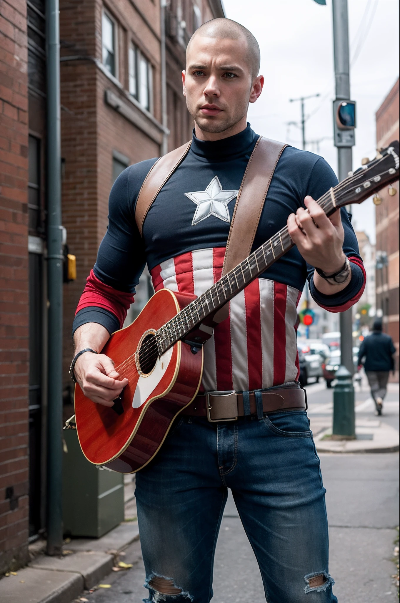 1male, Captain America with guitar, Standing, Adult, Slim, buzz cut, Punk Man, Mad Max, (disheveled clothes: 1.4),