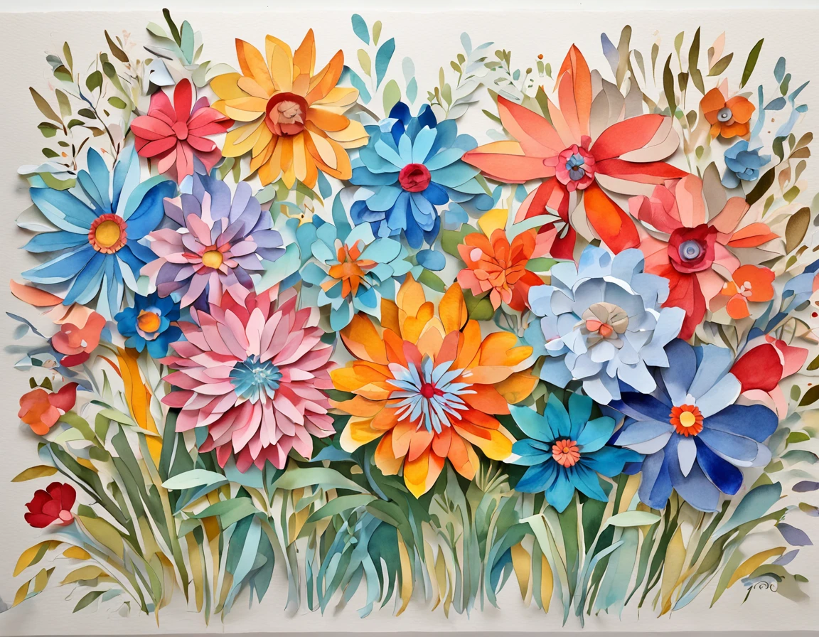 a paper cut up with a design of colorful flowers, in the style of desolate landscapes, packed with hidden details, strip painting, light red and light blue, colorful storytelling, textured shading, colorful imagery