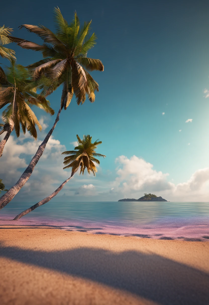 The endless sea，A small part of the sea has an island，There are coconut palms on the island