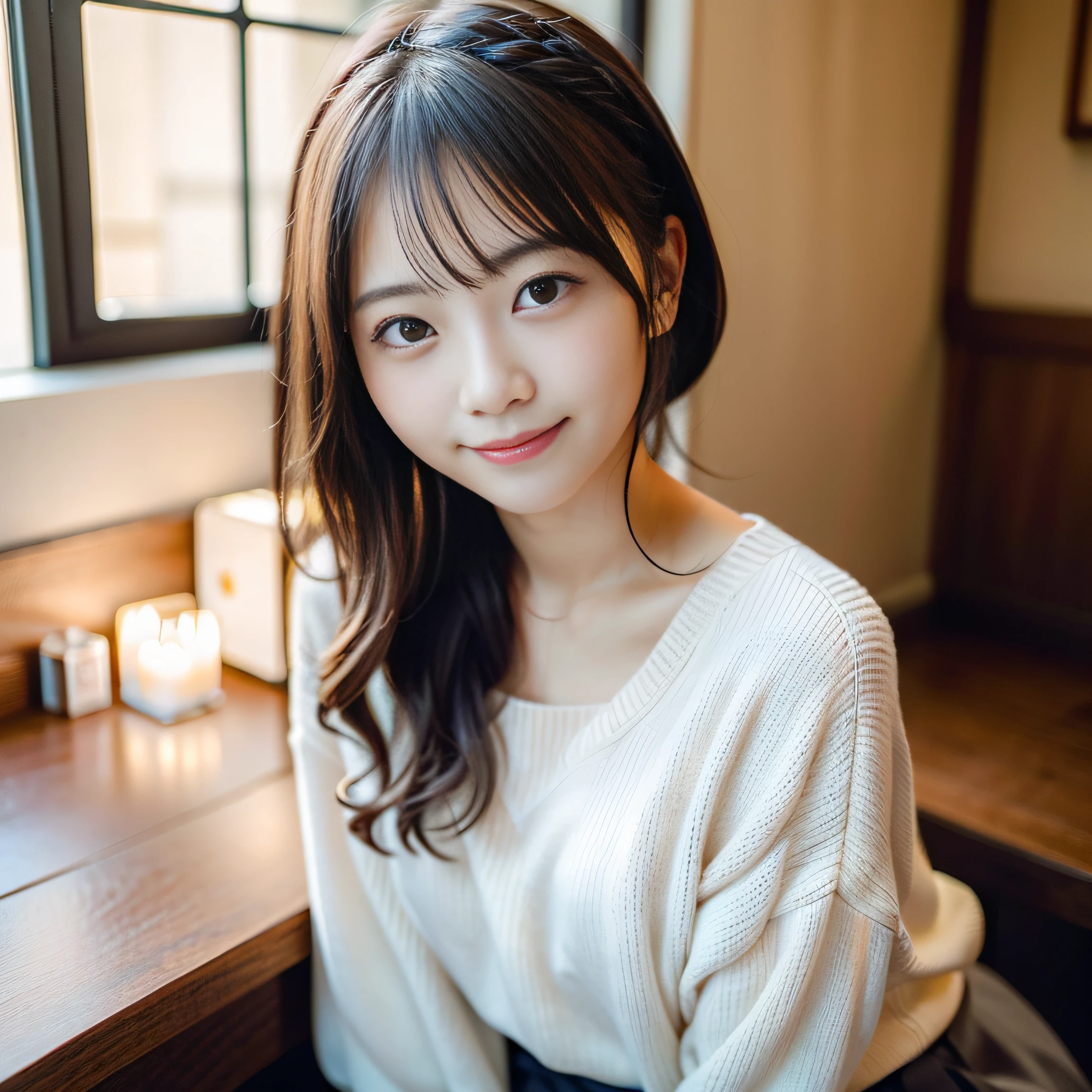 Japan girls in casual clothes、looking at the viewers、Pose with a smile(top-quality、​masterpiece)))、hight resolution、ighly detailed、​masterpiece、电影灯光、(8K、top-quality、​masterpiece:1.2)、(realisitic、Photorealsitic:1.37) Hi-Res、The ultra-detailliert、one japanese woman 、nogizaka, cute  face、35 year old:1.5、 独奏,  Textured skin:1.2, beautiful smiling face,  Detailed Cafe, natta, 电影灯光、 sitting on、Dating、(Shy smile:1.2)、Medium chest、beautiful finely detailed eyes、(Sweaters:1.1)、natta、from waist up:1.2、Braided Arranged Hair