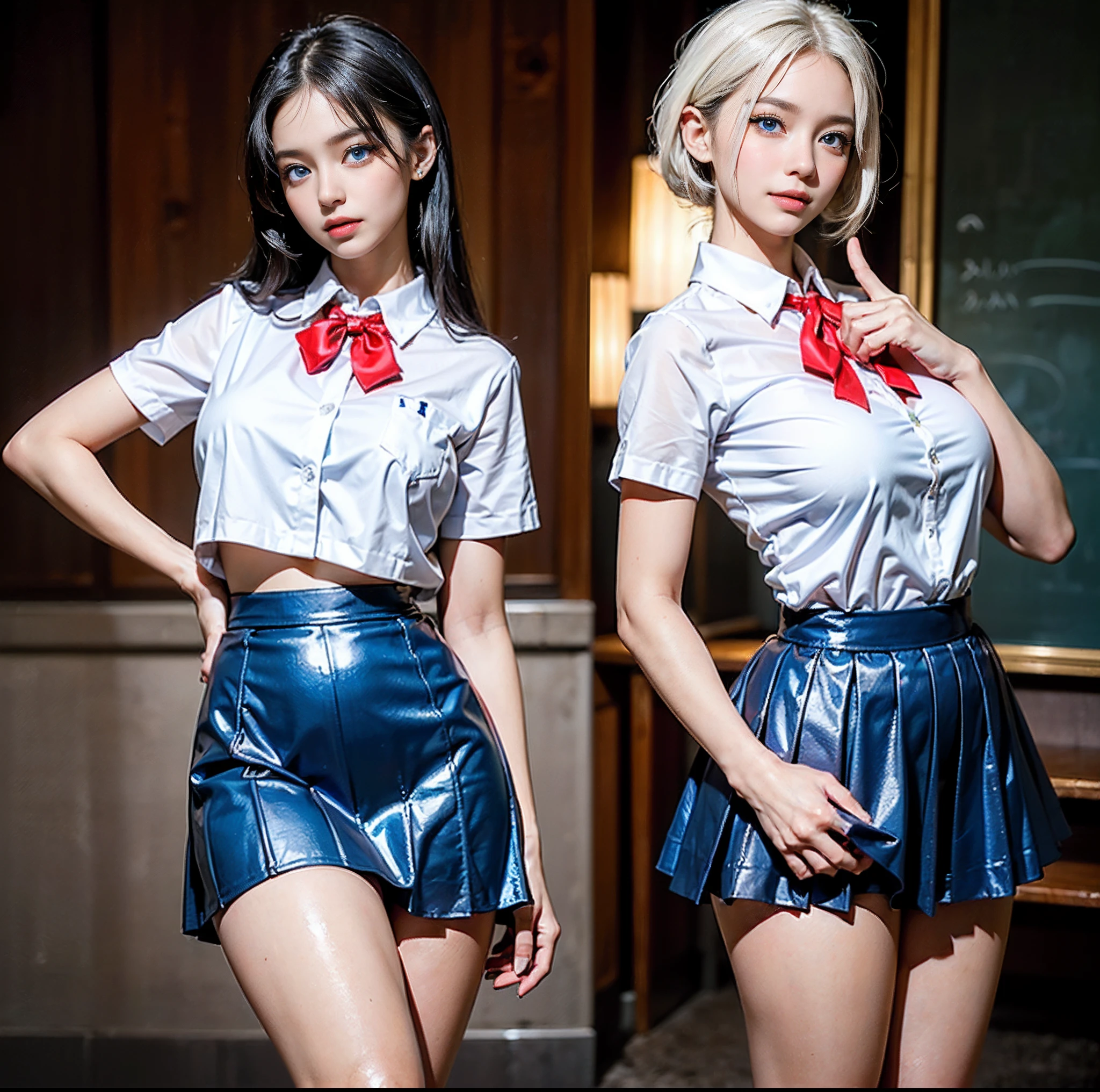 (top-quality)、 (​masterpiece)、(Realistic lighting for movies)、 (elegent)、 (A hyper-realistic:2.0)、(Stylish), (intricate detailes)、 (Perfect anatomical depiction of the human body:1.5)、(Girl standing proudly in front of camera with chest turned、Another girl on the other side is pointing her ass at the camera:1.5), ( Huge breasts :1.5), (bright skin:2.0), (Beautiful bright blue eyes with dazzling squinting long eyelashes and red tear bags:2.0)、(shiny little lips:2.0)、 (Brunette's half-up hair shines in the backlight), (The length of the skirt in the schoolgirl uniform should be as short as possible、Bewitching appearance..:2.0)、(The blouse is very cramped due to the huge breasts:1.5), (This is a photo taken with squinted eyes and a cute smile....:1.5), (Pull up the skirt with your hands, We are showing off our proud little pure white low-cut panties from the front....:2.0), (Another girl on the other side turned away、Show off your proud big ass from right behind:1.5), (the face is chubby:1.5), (perfect anatomia:2.0), (A detailed face), (Perfect hands, Correct number of arms, Correct number of fingers, nice hand, Anatomically correct hand), shirt, jkmicroskirt, irene1