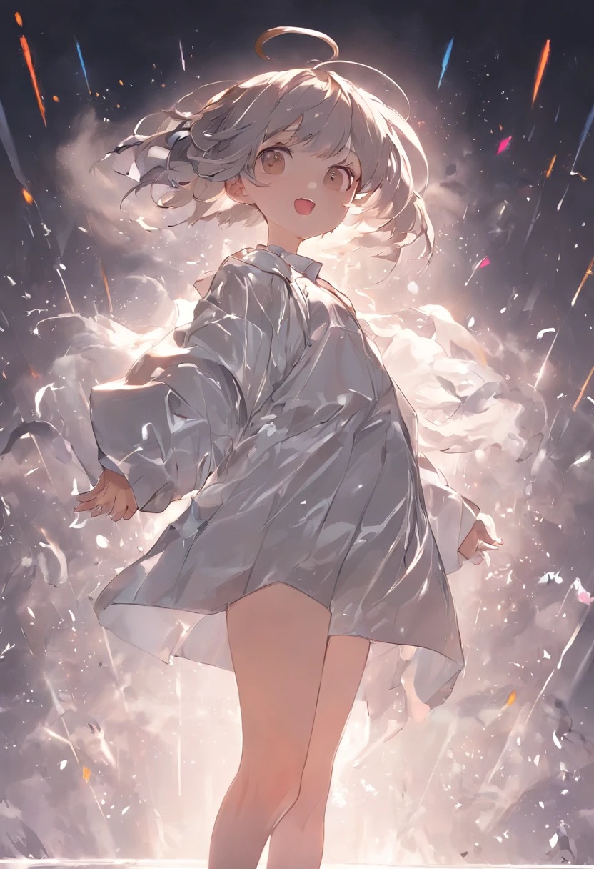 youth!!!! Short brown hair, slightly fried hair, white clothes, high quality, intricate details, silver-gray flowing cloud texture on white clothes, background stage, microphone, singing on stage, expression intoxication, high-precision processing of eyes, high-precision processing of hands, detailed light and shadow, and appropriate proportions of characters