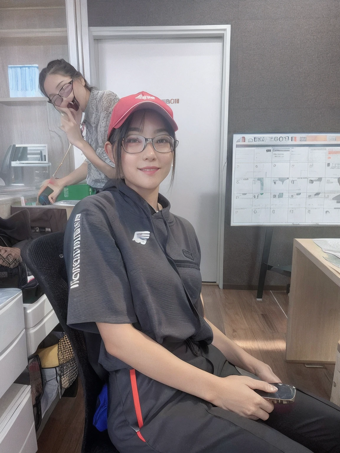 Beautiful girl sitting、I'm wearing glasses、legs crossed、Smiling、glossy dark hair