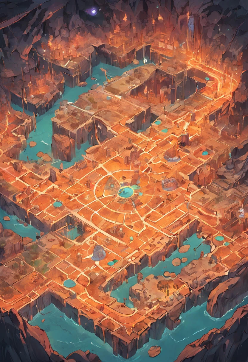 labyrinths of, dungeon, mine, lava river, crystals, 废墟, Game map design, Cartographic maps, Descending map, 2D, Cartographic, Game map, layout of map, Surreal, Detailed, Vivid colors, mystical lighting