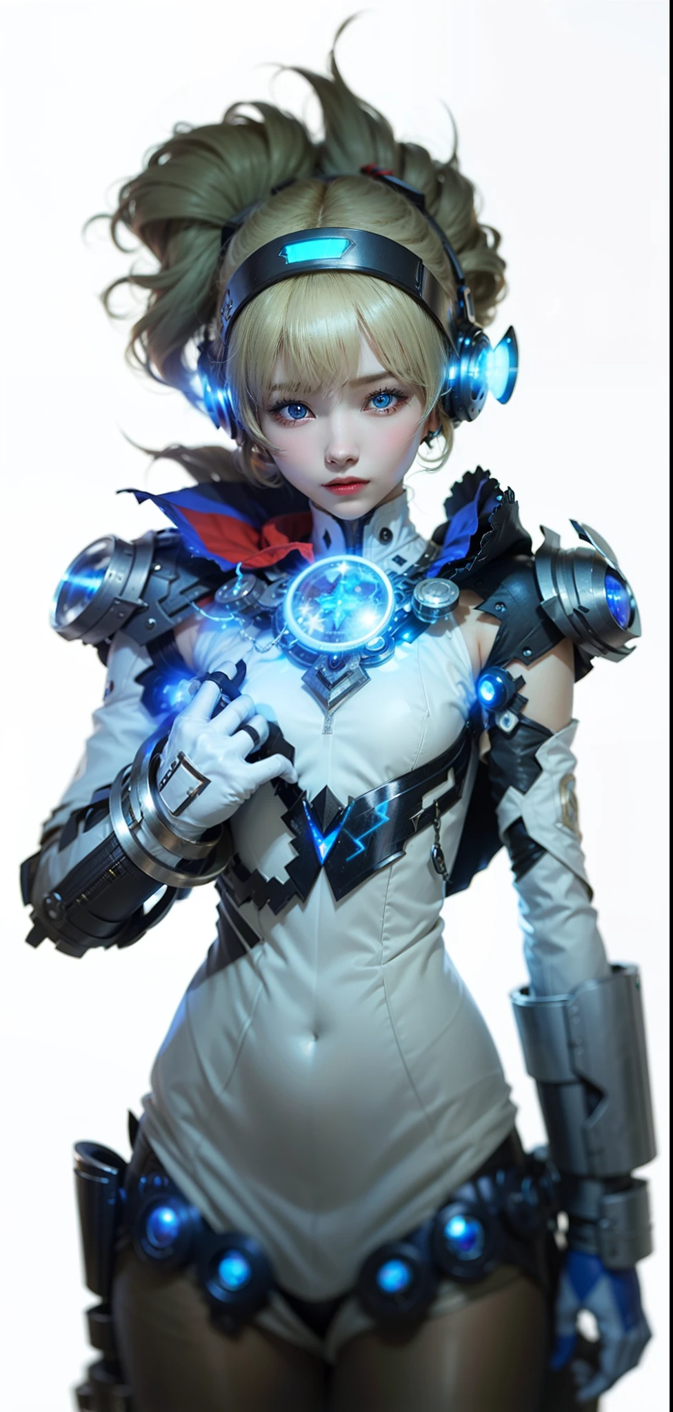 "Aegis from the Persona series, Shin Megami Tensei, powerful aura, blonde hair and celestial blue eyes, Android, White suit."