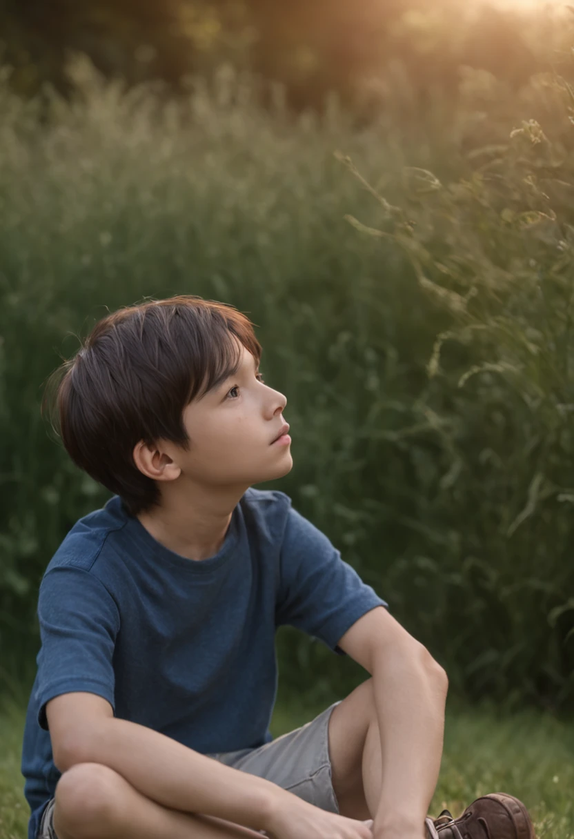 A boy under the stars Sitting on the grass with his back No face Looking at the universe The sky is full of stars Short hair Blue casual clothes Characters account for less than a quarter