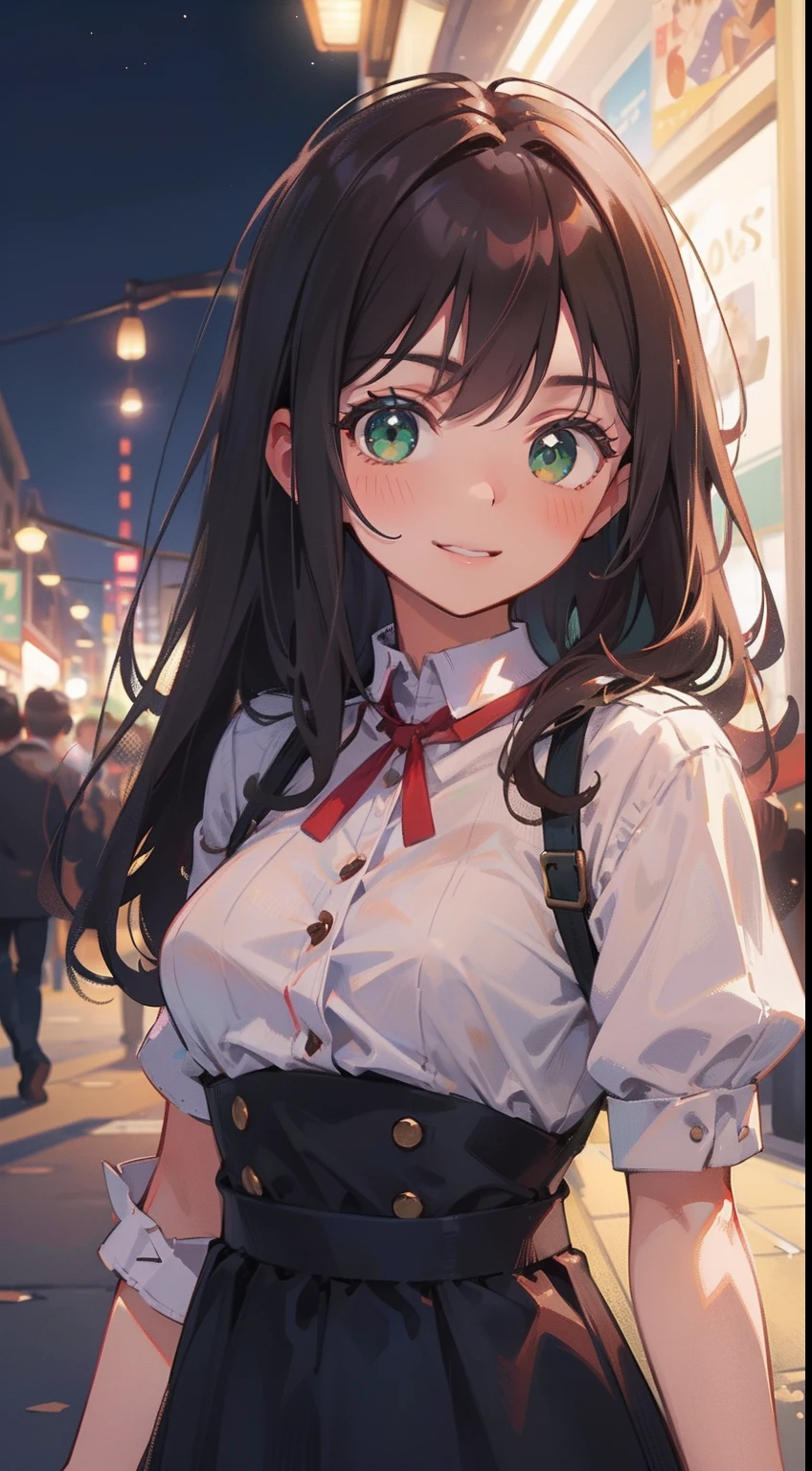 (masterpiece), (best quality), ultra high res, sharp focus, warm pastel tone, ((1 mature woman, solo)), very stunning and gorgeous woman, upper body, (from upfront), beautiful detailed hair, chestnut brown hair, messy flowing long hair, beautiful detailed face, perfect feminine face, ((beautiful shape eyes, green eyes)), look at the viewer, comfortable face, smiles, feminine simple light outfit, in the crowds of night city, background blur