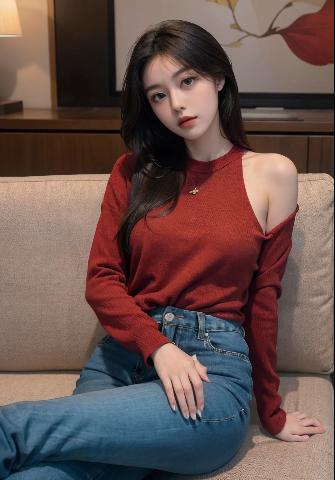 RAW photo, hands in her pants,1girl, on a couch,legs crossed,  masterpiece,