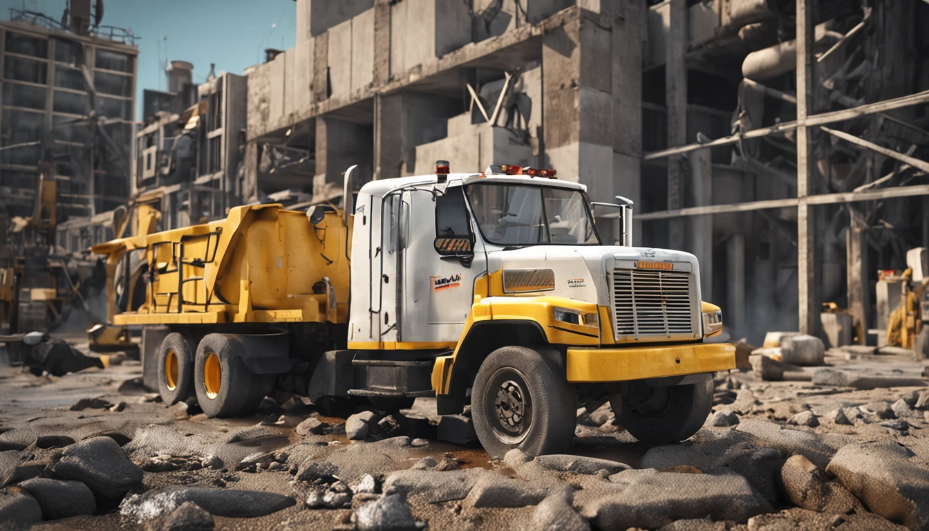 A middle-aged American man,Man,White top,Denim cargo pants,Black rain boots, Very professional water spray,Clean yellow cement truck,夏天,Blue sky,Construction site scene,ultra-realistic image,centered composition,Elevation viewing angle,ultra-realistic image,Real-world scenarios,8K分辨率,Meticulous and minimalist environment,The is very detailed,top-quality,artsy photography,Miniature scenes,Cinematic texture