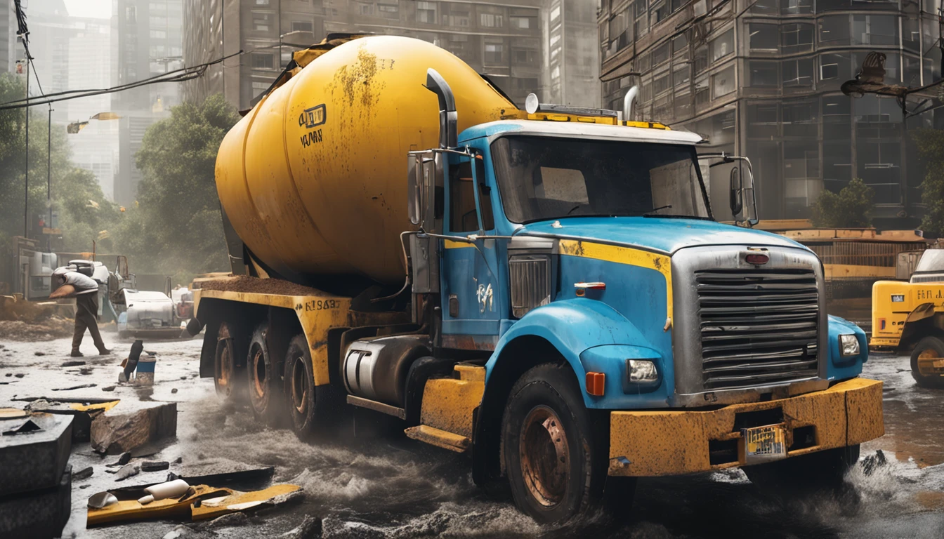 A middle-aged American man，Man，White top，Denim cargo pants，Black rain boots， Very professional water spray，Clean yellow cement truck，夏天，Blue sky，Construction site scene，ultra-realistic image，centered composition，Elevation viewing angle，ultra-realistic image，Real-world scenarios，8K分辨率，Meticulous and minimalist environment，The is very detailed，top-quality，artsy photography，Miniature scenes，Cinematic texture