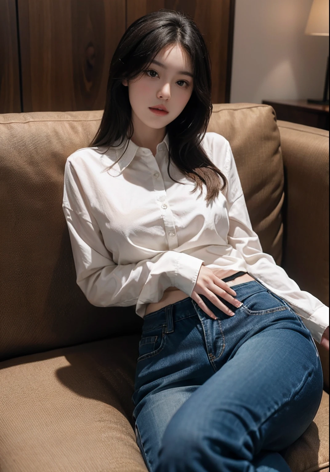 30s, beautiful Japan woman, black hair, long hair, white t-shirt, tight jeans, on white bed, open legs, short hair, black hair, small necklace, small watch, little abs, collarbone