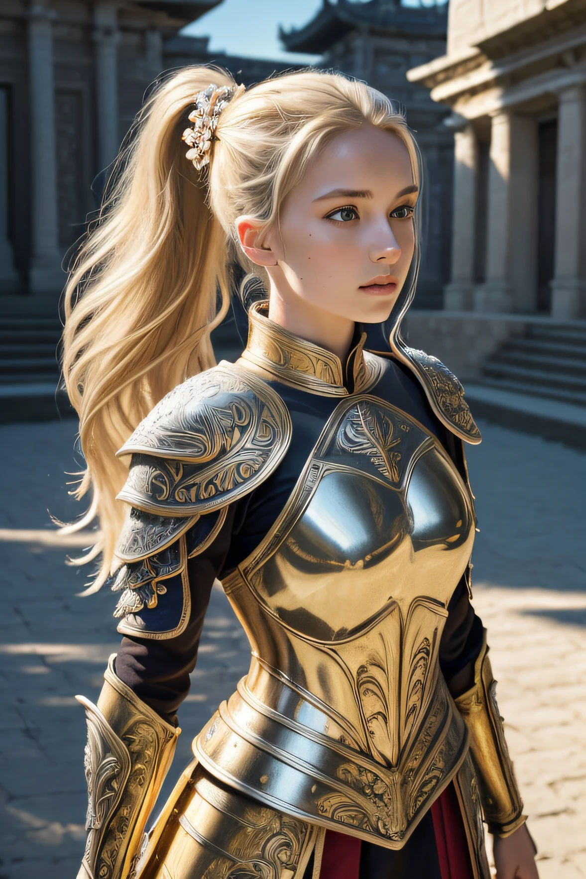 18 year old girl, (8K, best quality:1.2), (masterpiece:1.37), (photo, photorealistic:1.37), (ultrahigh-res), full body, walking pose, shot from front, slow motion, female warrior wearing the full body, (golden and silver armour:1.2),(ornately decorated armor), (insanely detailed, bloom:1.5), (highest quality, Alessandro Casagrande, Greg Rutkowski, Sally Mann, concept art, 4k), (analog:1.2), (high sharpness), (detailed pupils:1.1), detailed face and eyes, Masterpiece, best quality, (highly detailed photo:1.1), (long blonde Hair, ponytail,ecstatic:1.1), (young woman:1.1), sharp, (perfect body:1.1), realistic, real shadow, 3d, (temple background:1.2), (by Michelangelo), photographed by Canan EOS R6, 135mm, 1/1250s, f/2.8, ISO 400, (blonde hair, ponytail)