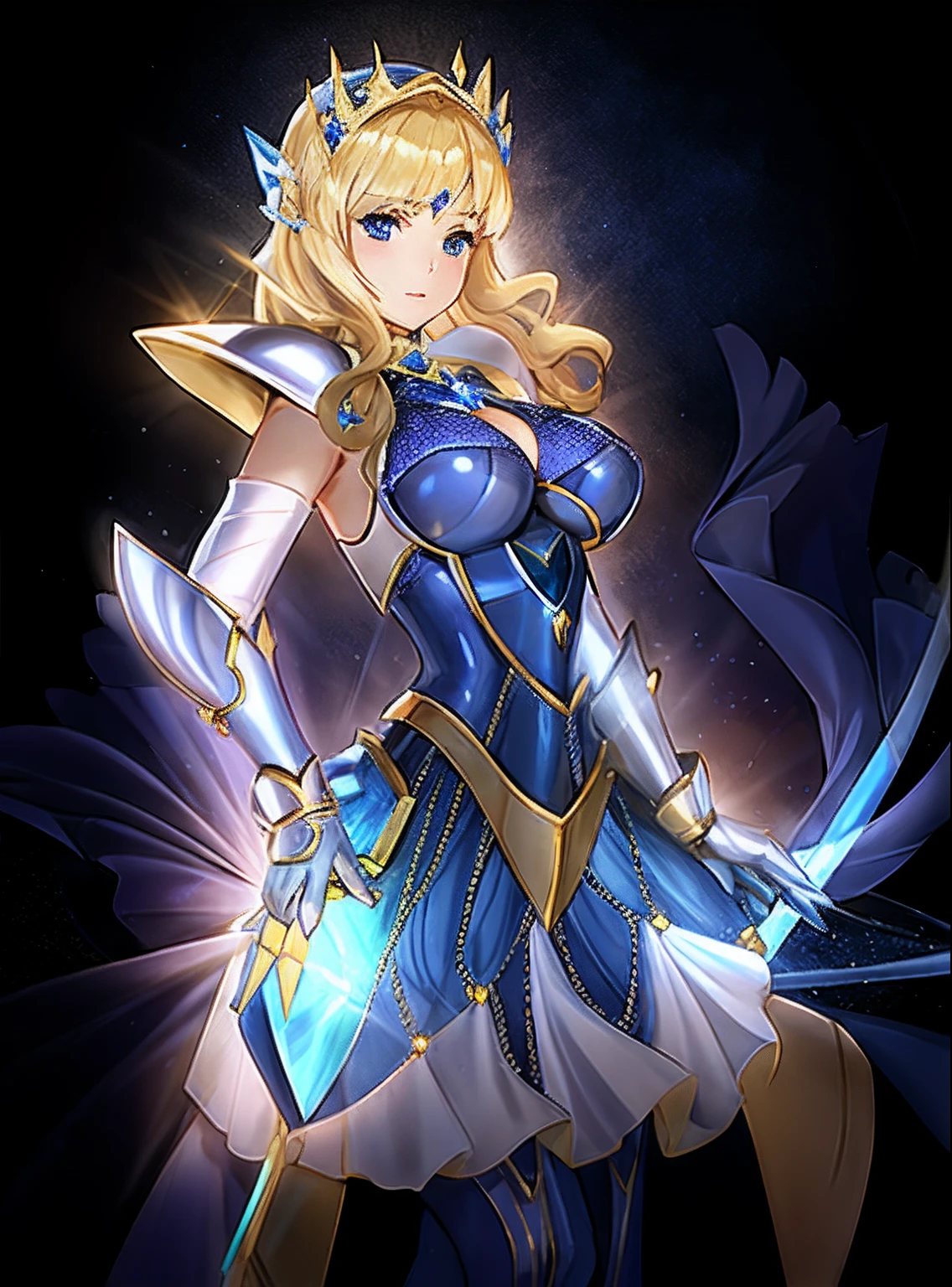 Woman in dress and gloves holding sword standing in water, a blonde girl, knights of zodiac girl, portrait knights of zodiac girl, In shining sapphire armor, oppai, huge tit, with large breasts, seductive princess knight, Dressed in light armor, Dress Armor Girl, Princess Knight, Shiny sapphire armor, Glossy sapphire armor, princess intergalactica, Crystal Sapphire Armor, Sapphire Princess, Sapphire reflective armor, smooth anime cg art, Sapphire armor, High Quality Anime Art Style