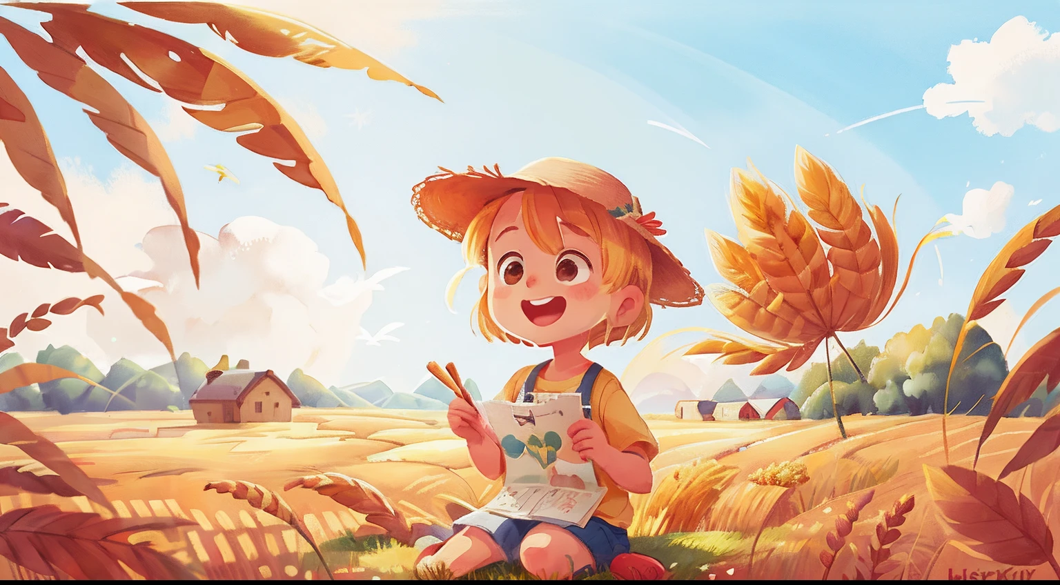 watercolor paiting,Golden wheat fields ,Blue sky,Someone works in a wheat field, (tmasterpiece: 1.2) ,(realisticlying: 1.2), (Bokeh) ,(best qualtiy), (complexdetails), (8K), (Sharp focus) ,(cheerfulness)