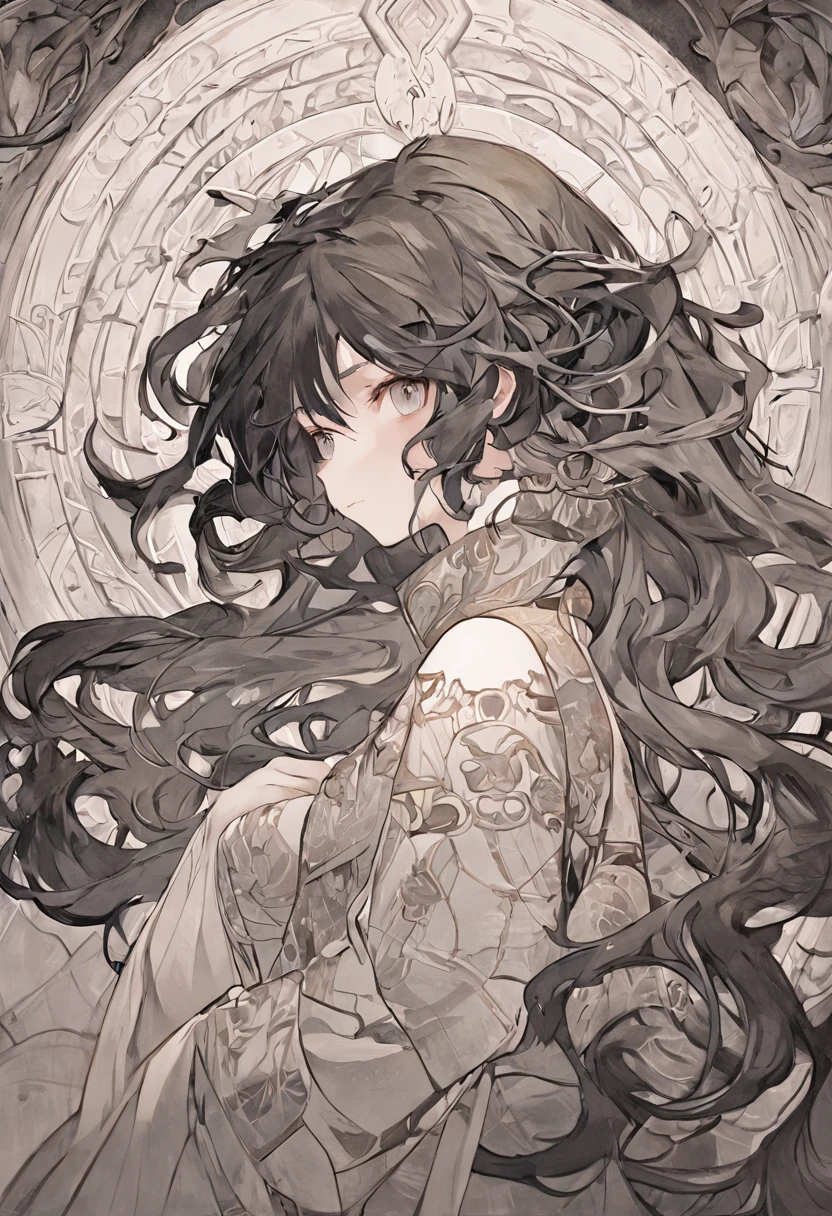 Pintura de una mujer con cabello largo y un reloj, Hermoso arte lineal, Arte lineal en blanco y negro, Hermoso arte lineal, Trazos de tinta muy finos, Arte oficial de alto detalle, Black line art on white, arte,No drena negro, Libro para colorear, Fanart exquisito altamente detallado, Trazos de tinta negra, Fantasy Fan Art, por Yoshihiko Wada, Art Nouveau Universe Show,Arte de Alphonse Mucha ,corriente de aire,Only character lines and scenes remove color....., No sombras.,(Obra maestra, La mejor calidad, Altas Resoluciones:1.4), Detallado, intrincado detallado, 10, salpicaduras de color, Line Art, Fibonacci,