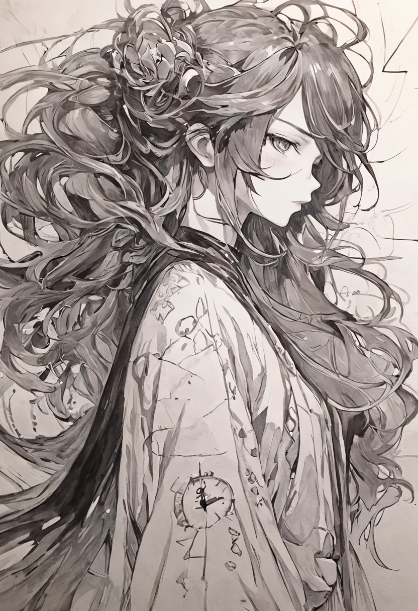 Pintura de una mujer con cabello largo y un reloj, Hermoso arte lineal, Arte lineal en blanco y negro, Hermoso arte lineal, Trazos de tinta muy finos, Arte oficial de alto detalle, Black line art on white, arte,No drena negro, Libro para colorear, Fanart exquisito altamente detallado, Trazos de tinta negra, Fantasy Fan Art, por Yoshihiko Wada, Art Nouveau Universe Show,Arte de Alphonse Mucha ,corriente de aire,Only character lines and scenes remove color....., No sombras.,(Obra maestra, La mejor calidad, Altas Resoluciones:1.4), Detallado, intrincado detallado, 10, salpicaduras de color, Line Art, Fibonacci,