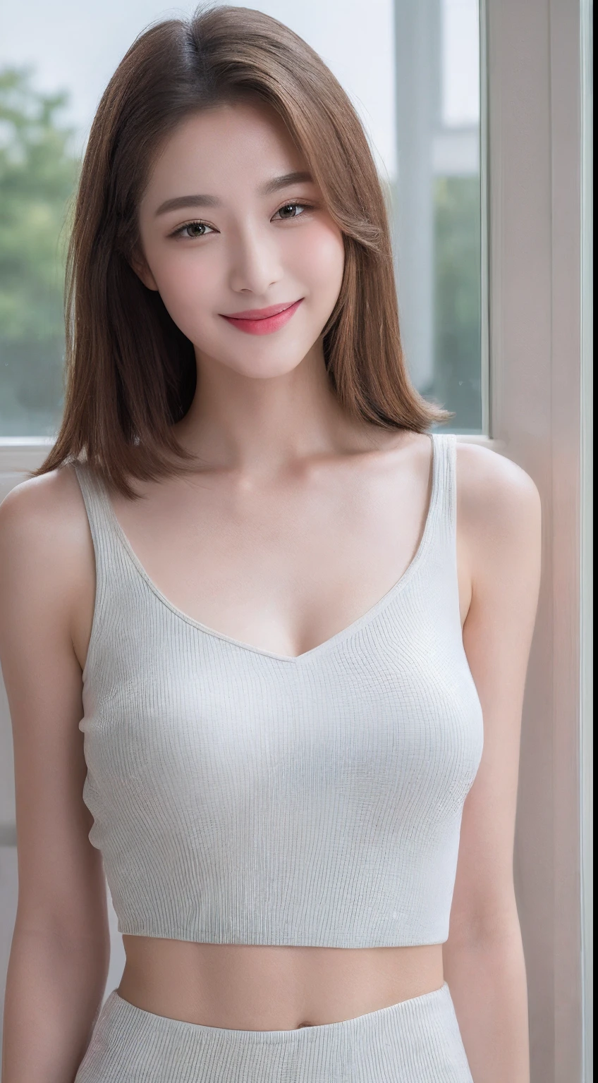 ((Best Quality, 8K, Masterpiece: 1.3)), 1 Girl, Slim Abs Beauty: 1.3, (Hairstyle Casual, Big: 1.2), Dress: 1.1, Super Slender Face, Delicate Eyes, Double Eyelids, Smile, Home, Raw Photo