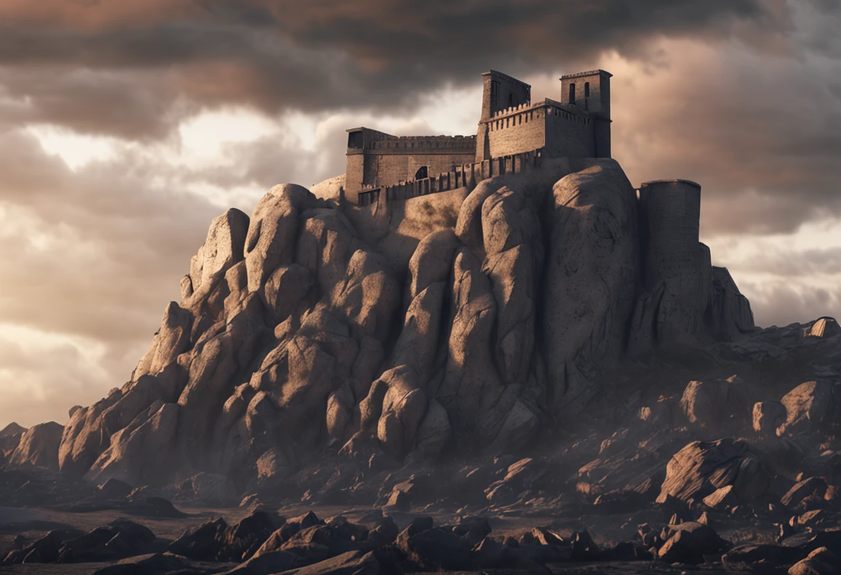 Ancient Greek philosopher, A Stoic fortress built of black stone, Giovanni Stratza's sculptural style, Bock sharply focuses deep, shadowing, mistborn, mist, very high detail, cinematic lightning, sport, high detal, ultra - detailed, High-gloss lighting, Very sacred color, realisticlying, 8K, hdr