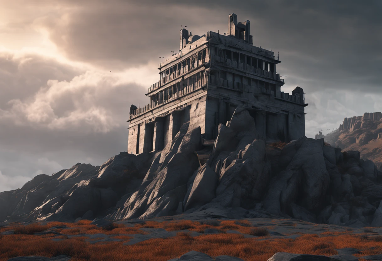 Ancient Greek philosopher, A Stoic fortress built of black stone, Giovanni Stratza's sculptural style, Bock sharply focuses deep, shadowing, mistborn, mist, very high detail, cinematic lightning, sport, high detal, ultra - detailed, High-gloss lighting, Very sacred color, realisticlying, 8K, hdr