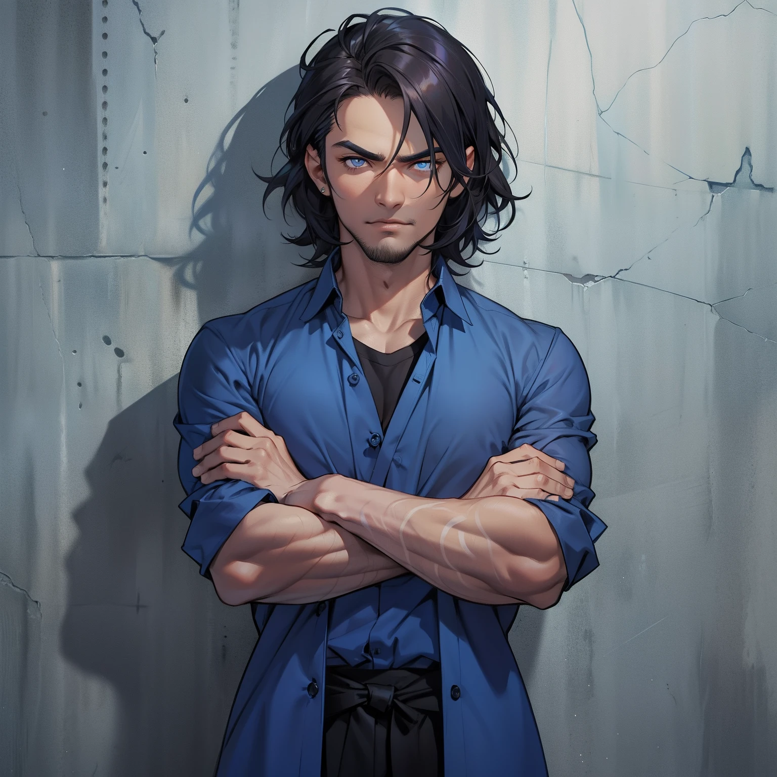  bonito，cabelos de cor preto, cabelo curto，com olho preto puxado, com barba curta, Asian eyes, rosto redondo vestindo uma camisa social azul, with arms crossed, Boy with arms crossed, Pose with folded arms wearing a blue dress shirt with sleeves