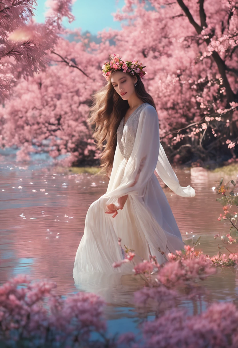Against the background of quiet lakes, emerald trees, blue sky and white clouds, a charming and moving girl suddenly arrived. She wore an elegant long dress, a gorgeous flower crown on her head, and long soft hair