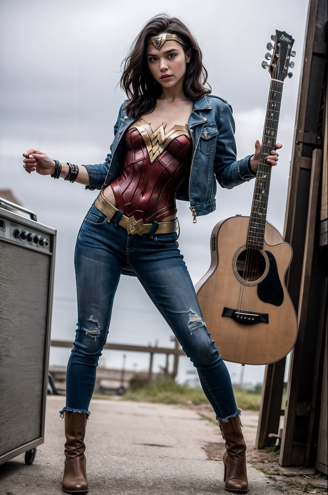 1male,  Wonder Woman with a Guitar, Standing, Adult, Slim, buzz cut, Punk Man, Mad Max, (disheveled clothes: 1.4),