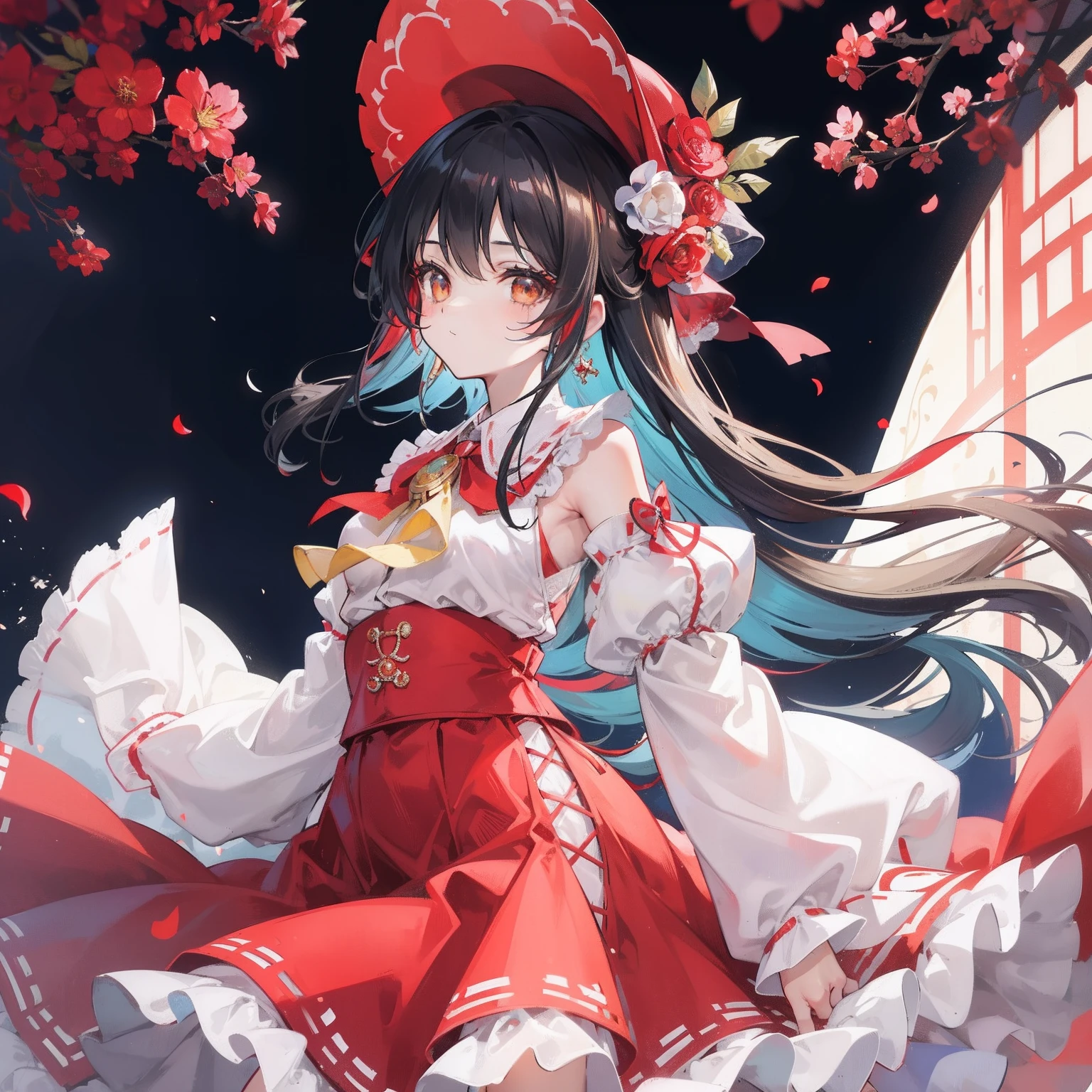 The girl is a traditional azidine in a red dress, One girl, Solo, Borey Raim, City Background,Dress、taisho roman、Red dress、flered skirt、Aristocratic clothing、Aristocratic hat、flered skirt、Yellow ribbon at chest🎀、long-sleeve、wide sleeves、frilld、Big skirt、wedding dress、, Upper body, Retro background, Skirt, lowfers