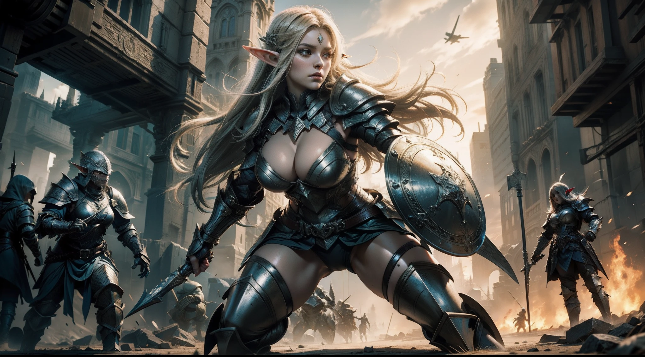 female elf,Large breasts,Heavy armor,Square shield,Complex patterns,The background is the battlefield,Fighting posture,Mid-range portrait