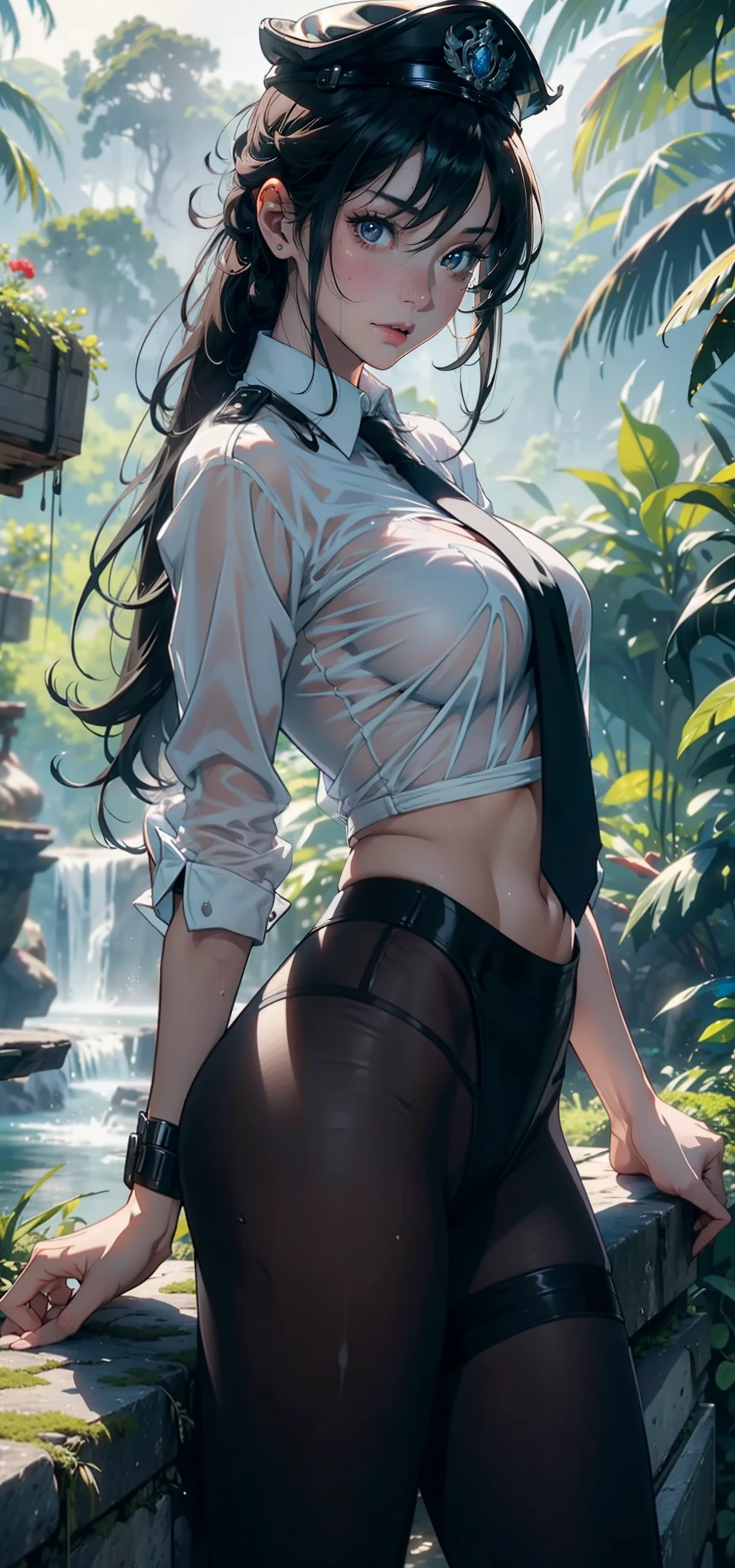 1female,31 years old,熟妇,Bigchest,Big breasts Thin waist,long leges,Buttock augmentation,Pornographic exposure, 独奏,(Background with:hilltop,the rainforest,in summer,Standing water on the ground,exteriors) Feel free to hairstyle,Stride,Sweat profusely,drenched all over the body,seen from the front,Long black hair , mostly cloudy sky,(((tmasterpiece),(Very detailed CG unity 8K wallpaper),best qualtiy,cinmatic lighting,detailed back ground,beatiful detailed eyes,Bright pupils,(Very fine and beautiful),(Beautiful and detailed eye description),ultra - detailed,tmasterpiece,)),facing at camera,A high resolution,ultra - detailed)nakeness,Wipe off panties,revealing breasts,Bare genitalia, Bulge,Camel toes,Raised sexy,Lewd expression,Flushed complexion,Open-mouthed,frontage,Officer's cap,(Wearing:White color blouse,black necktie,Black tights)