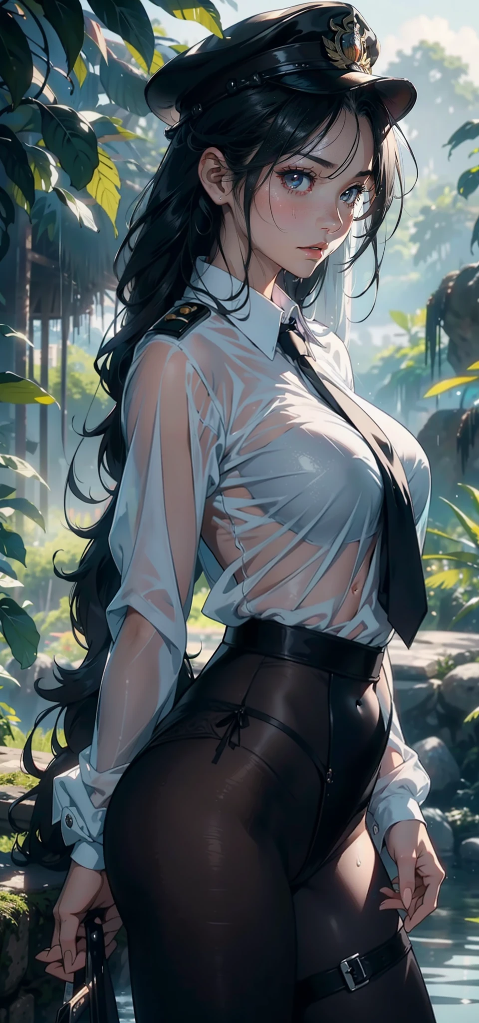 1female，31 years old，熟妇，Bigchest，Big breasts Thin waist，long leges，Buttock augmentation，Pornographic exposure， 独奏，（Background with：hilltop，the rainforest，in summer，Standing water on the ground，exteriors） Feel free to hairstyle，Stride，Sweat profusely，drenched all over the body，seen from the front，Long black hair ， mostly cloudy sky，（（（tmasterpiece），（Very detailed CG unity 8K wallpaper），best qualtiy，cinmatic lighting，detailed back ground，beatiful detailed eyes，Bright pupils，（Very fine and beautiful），（Beautiful and detailed eye description），ultra - detailed，tmasterpiece，）），facing at camera，A high resolution，ultra - detailed）nakeness，Wipe off panties，revealing breasts，Bare genitalia， Bulge，Camel toes，Raised sexy，Lewd expression，Flushed complexion，Open-mouthed，frontage，Officer's cap，（Wearing：White color blouse，black necktie，Black tights）