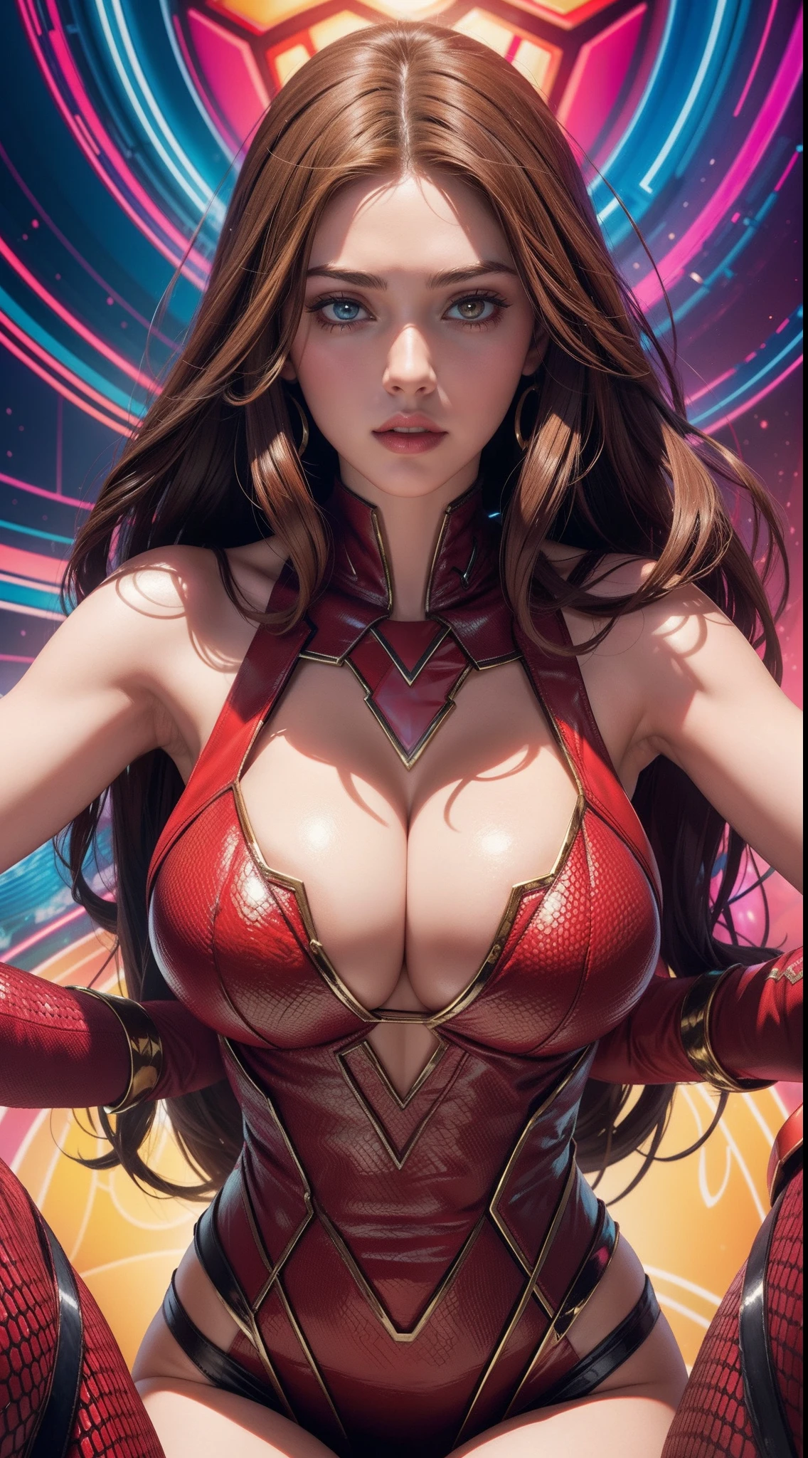 Sexy Scarlet Witch (big tits) from Marvel Comics, Masterpiece, Best Quality, abstract, Psychedelic, Neon, (honeycomb pattern), (creative:1.3), Sy3, SMM, fantasy00d