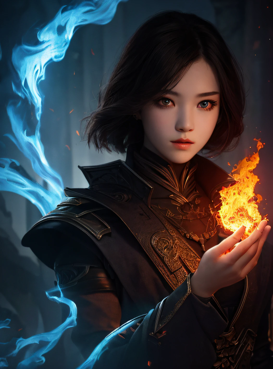 1girl,solo,masterpiece, best quality,fantasy,dark,shadow,
face is important,boy is important,eyes are important,rThe character is the main body of the work,(upper body),
flames,ruins, swirling magic,