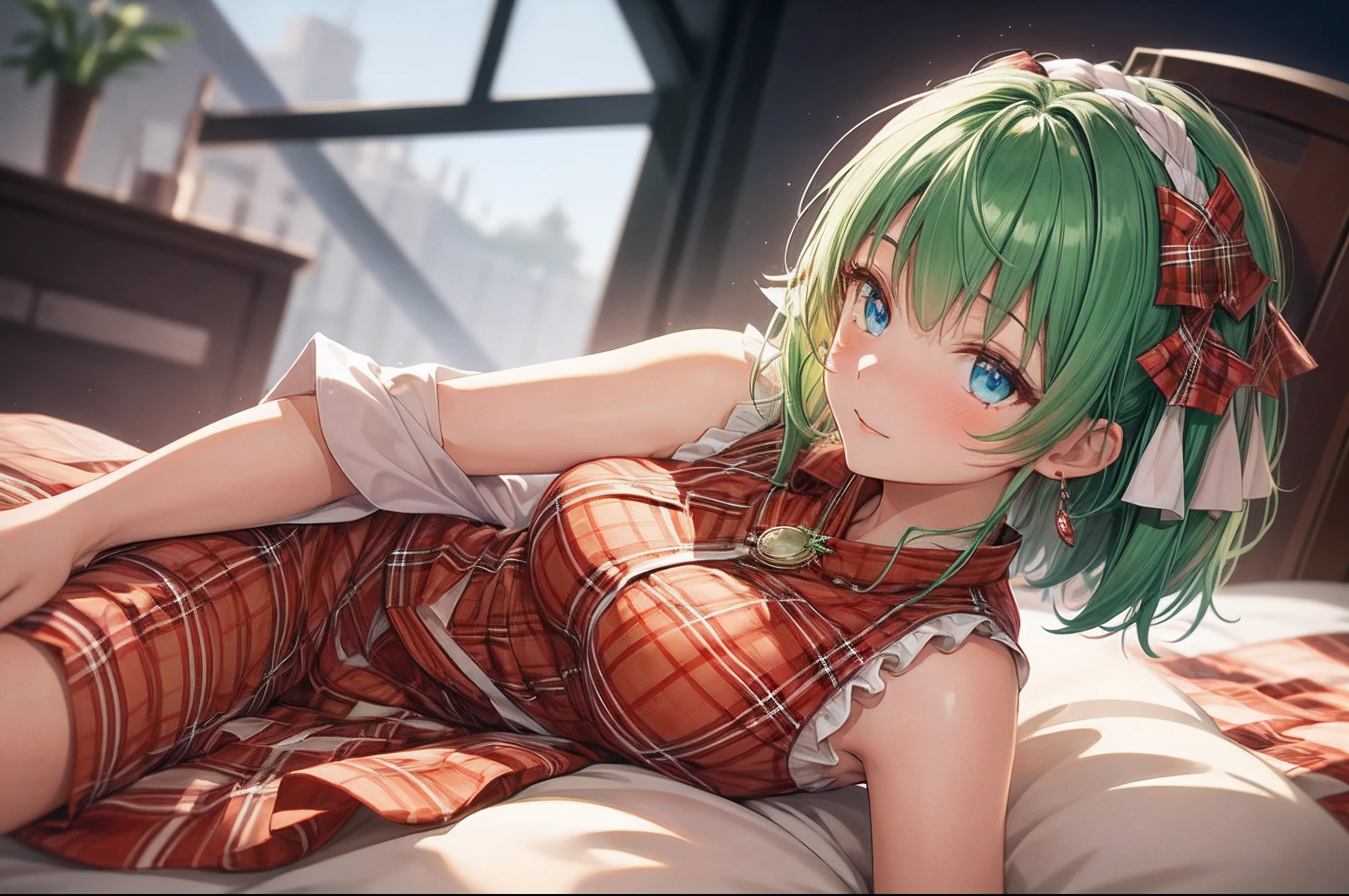 absurderes, ultra-detailliert,bright colour, (1girl in:1.6),(独奏:1.7)。extremely beautiful detailed anime face and eyes, view straight on, ;D, shiny_skin,25 years old, Short hair, , asymmetrical bangs, Short twin-tailed emerald green hair, Shiny hair, Delicate beautiful face, red blush、Blue eyes, White skin, hair clips, earrings, a necklace,  (Plaid sleeveless:1.5)