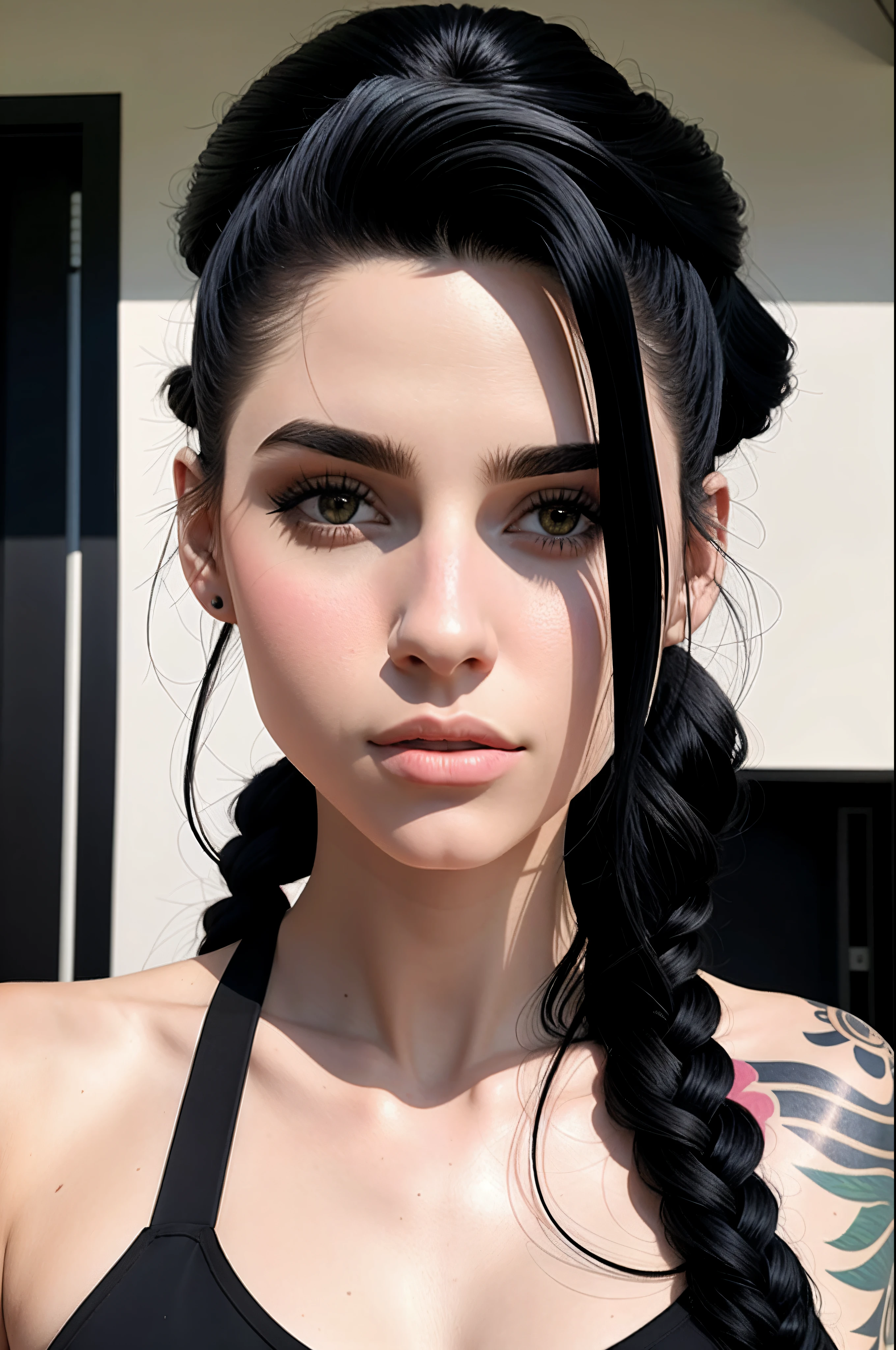 A closeup of a beautiful woman with a tattoo on her arm, menina atraente, Foto de perfil do headshot, cabelo e maquiagem escuros, cabelo escuro maravilhoso, with pale skin, pale glowing skin, She has black hair, messy black hair, pale fair skin!!, menina com cabelo preto, Kaitlyn Michelle Siragusa, cabelo preto rosto bonito, pale skin!, cabelos escuros