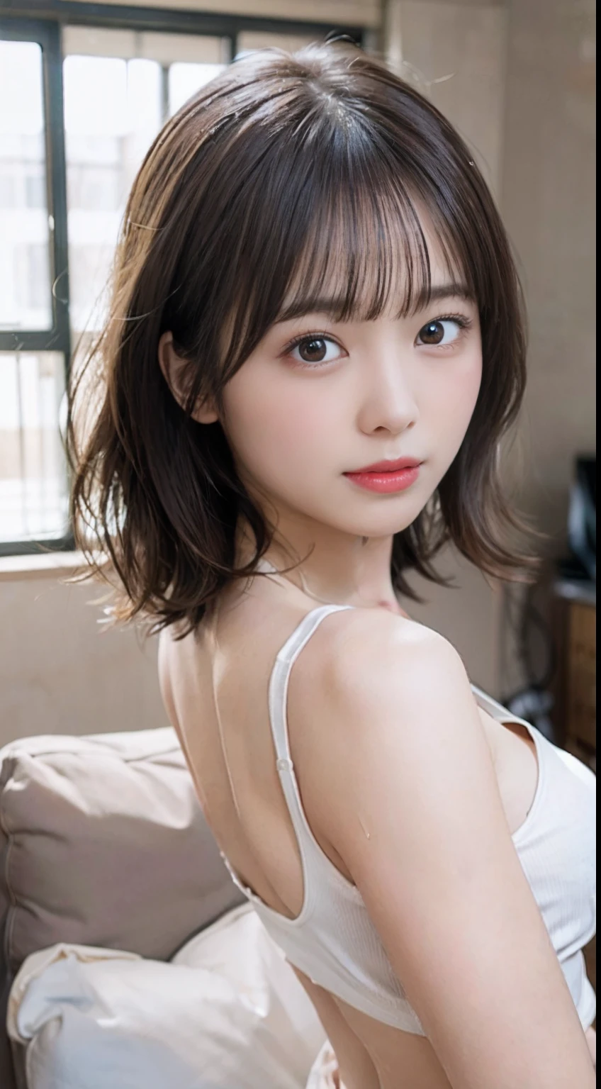 206 Short Hair, 20 year old female, Floral, gentle smile, (chest:1.2)