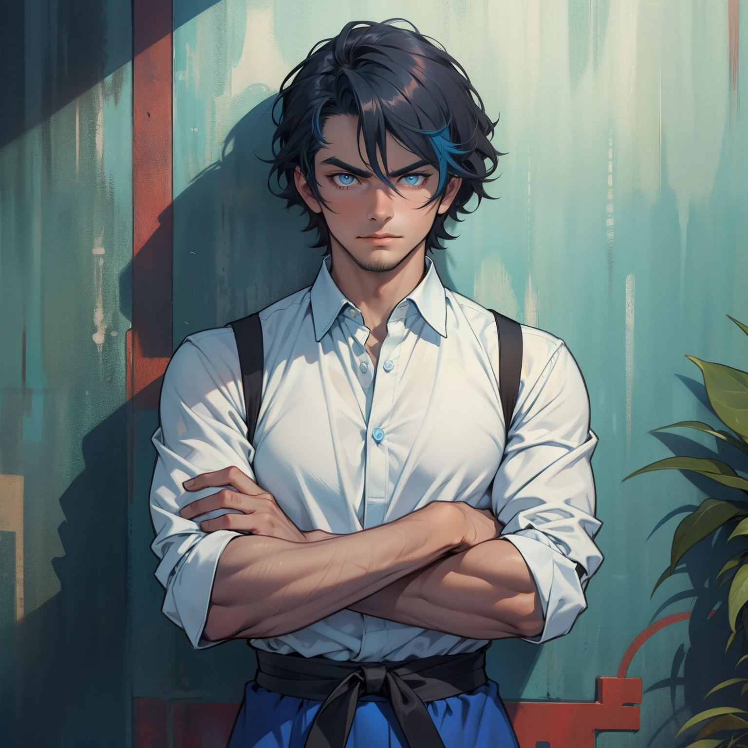menino bonito，cabelos de cor preto, cabelo curto，com olho preto puxado, com barba curta, Asian eyes, rosto redondo vestindo uma camisa social azul, with arms crossed, Boy with arms crossed, Pose with arms crossed wearing a blue dress shirt with front sleeves, frontal