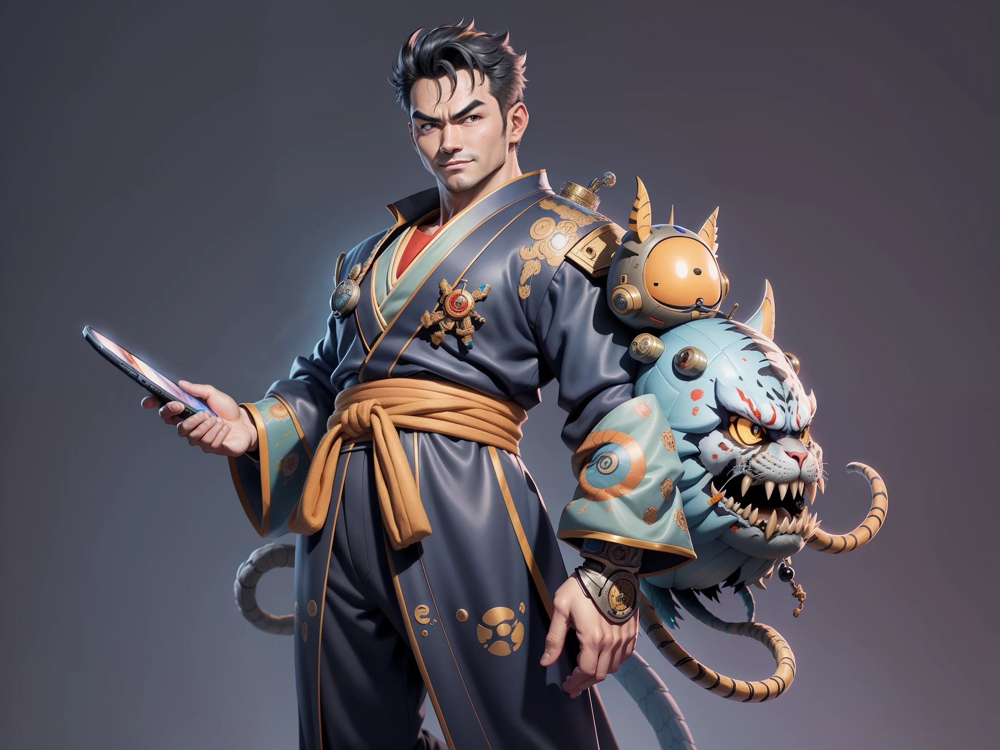 (Masterpiece), (Excellent), (Super Meticulous), (Full Body: 1.2), Super Young Man, Oriental Face, Japanese Kimono, Japanese Wind Thunder God, Dragon, Tiger, TV Anchor, Bust Portrait Illustration, Alone, Black Suit, Blue Tie, Slightly Chubby Face, Very Clean Face, No Beard, Black Super Short Hair, Black Eyes, Confident Smile, 3c Computer Sub-Products, iPad, iPhone, Digital Painting, 3D Character Design by Akira Toriyama and Mark Claireden and Pixar and Hayao Miyazaki, The illustration is a high-definition illustration in 4K resolution with very detailed facial features and cartoon-style visuals.
