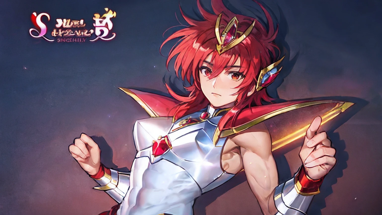 Close-up of a costumed man holding a sword, Knight of Zodiac Boy, Portrait Knight of Zodiac Boy, Boy with short red hair, Boy with brown eyes, Muscular men, masculine and muscular, Shining ruby armor, Enchanting Prince Night, Dressed in light armor, Dress Armor Boy, Shiny ruby armor, Galactic Prince, Crystal Ruby Armor, Hymns to the King as a Prince, High quality anime art style, smooth anime cg art, Prince Knight, digital manga art, Magical Boy Anime Mahou Shōnen, Prince of Ruby, Ruby reflective armor