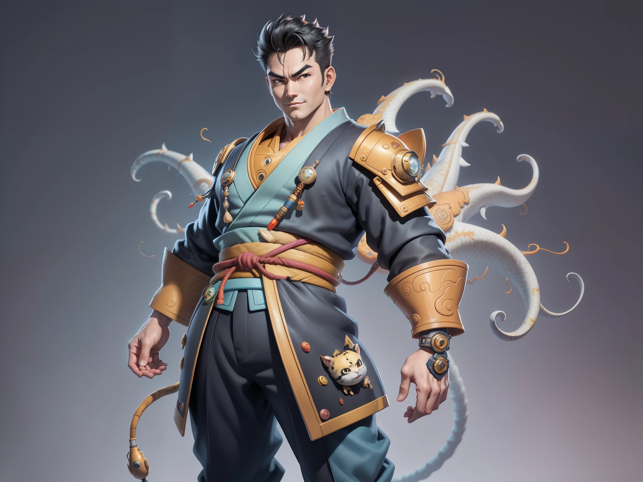 (Masterpiece), (Excellent), (Super Meticulous), (Full Body: 1.2), Super Young Man, Oriental Face, Japanese Kimono, Japanese Wind Thunder God, Dragon, Tiger, TV Anchor, Bust Portrait Illustration, Alone, Black Suit, Blue Tie, Slightly Chubby Face, Very Clean Face, No Beard, Black Super Short Hair, Black Eyes, Confident Smile, 3c Computer Sub-Products, iPad, iPhone, Digital Painting, 3D Character Design by Akira Toriyama and Mark Claireden and Pixar and Hayao Miyazaki, The illustration is a high-definition illustration in 4K resolution with very detailed facial features and cartoon-style visuals.