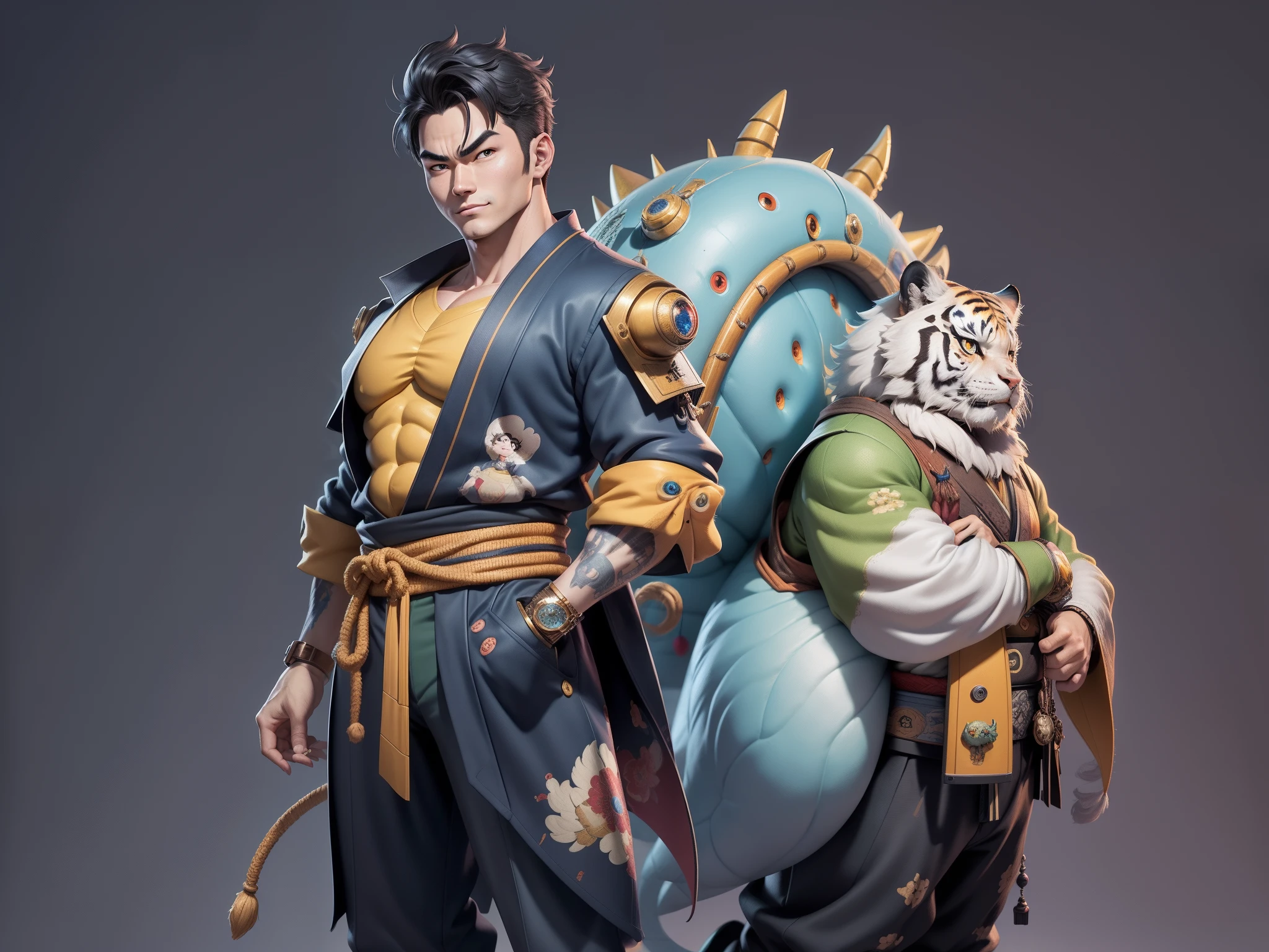 (Masterpiece), (Excellent), (Super Meticulous), (Full Body: 1.2), Super Young Man, Oriental Face, Japanese Kimono, Japanese Wind Thunder God, Dragon, Tiger, TV Anchor, Bust Portrait Illustration, Alone, Black Suit, Blue Tie, Slightly Chubby Face, Very Clean Face, No Beard, Black Super Short Hair, Black Eyes, Confident Smile, 3c Computer Sub-Products, iPad, iPhone, Digital Painting, 3D Character Design by Akira Toriyama and Mark Claireden and Pixar and Hayao Miyazaki, The illustration is a high-definition illustration in 4K resolution with very detailed facial features and cartoon-style visuals.