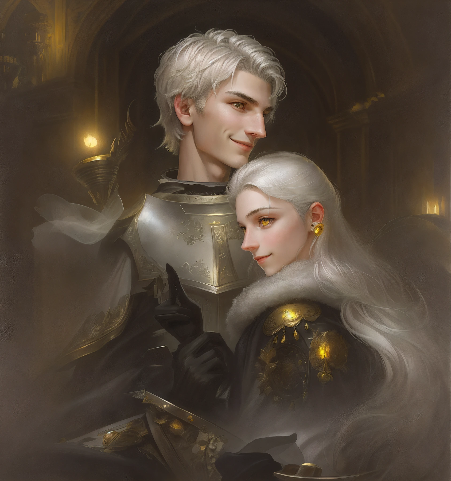 High definition, portrait, young guy, 18 years old, light gray hair, short haircut, yellow eyes, smiling, crown, portrait, young woman dark hair, realism, fantasy