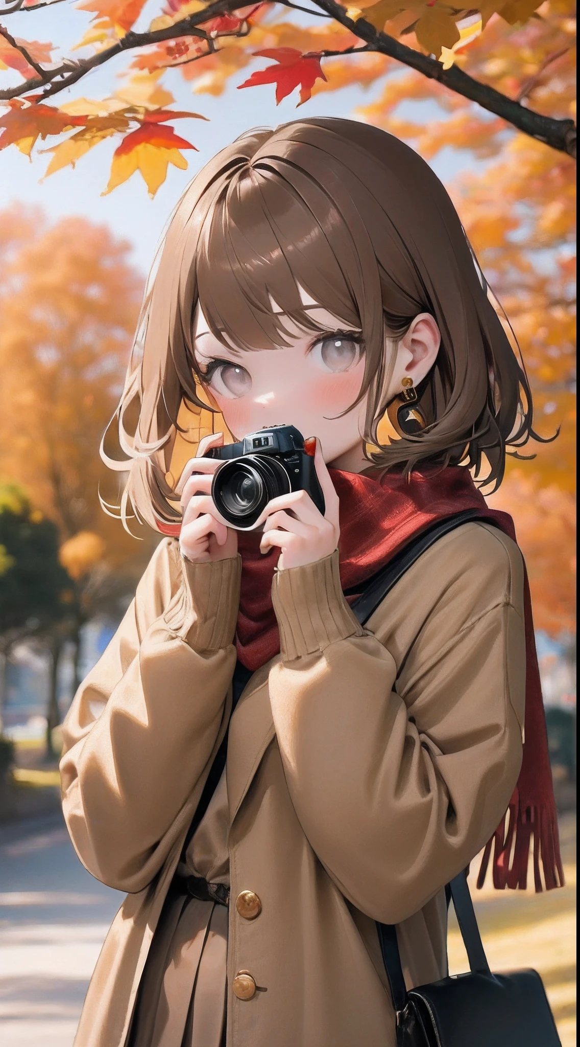 (best quality, masterpiece:1.2) 1girl, solo, autumn leaves, holding camera, autumn, brown hair, looking at viewer, blush, red scarf, outdoors, long sleeves, maple leaf, upper body, blurry background, depth of field, earrings, sleeves past wrists, sweater, medium hair, blurry foreground, grey eyes, tree, covered mouth, brown skirt, day, buttons, pleated skirt