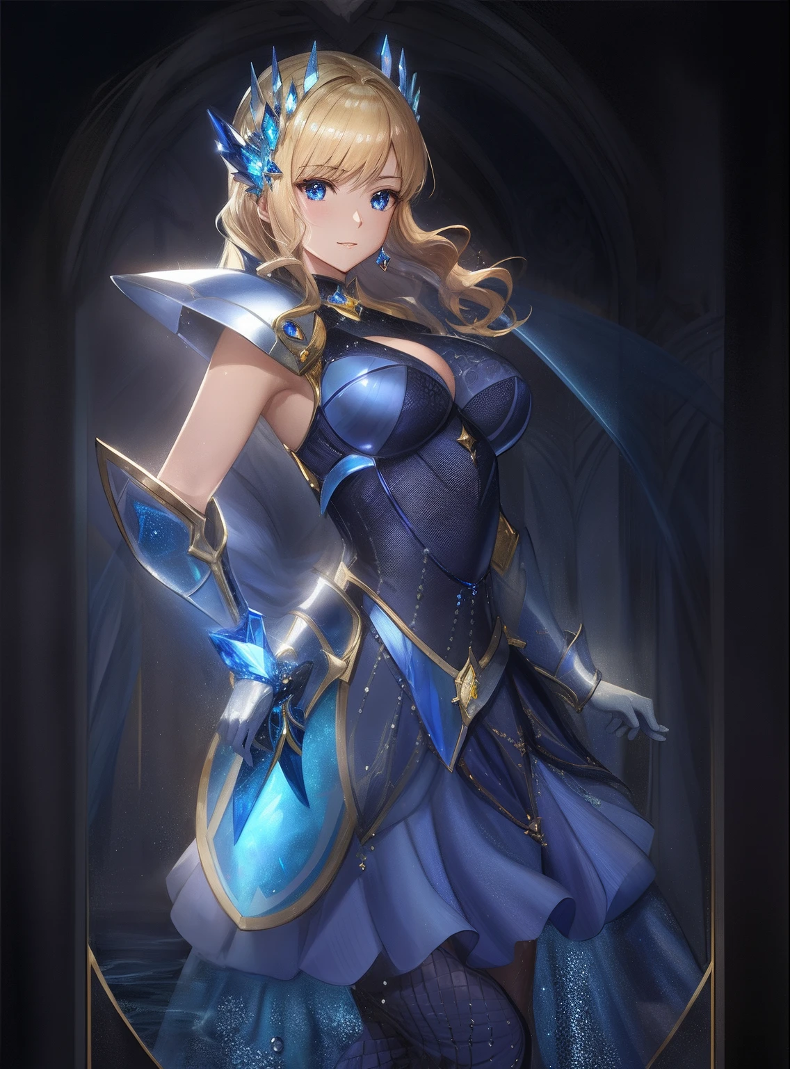 Woman in dress and gloves holding sword standing in water, a blonde girl, knights of zodiac girl, portrait knights of zodiac girl, In shining sapphire armor, oppai, huge tit, with large breasts, seductive princess knight, Dressed in light armor, Dress Armor Girl, Princess Knight, Shiny sapphire armor, Glossy sapphire armor, princess intergalactica, Crystal Sapphire Armor, Sapphire Princess, Sapphire reflective armor, smooth anime cg art, Sapphire armor, High Quality Anime Art Style