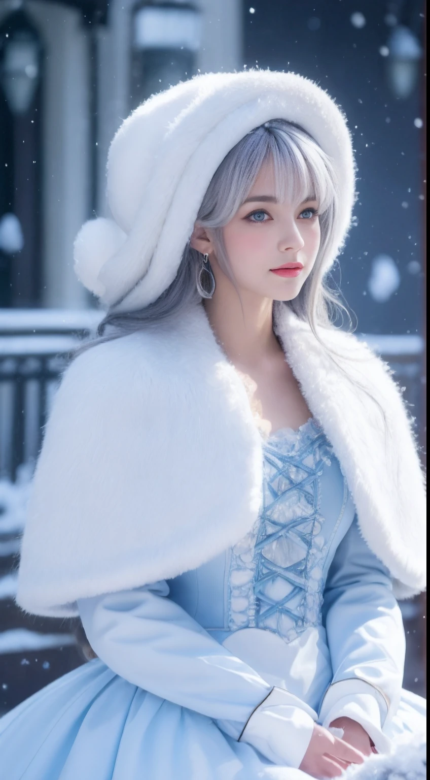 (8K,Photorealistic, high resolution,tmasterpiece), 1 Women, Solo, (ta costume,Gorgeous costumes),Face the audience,The upper part of the body,upper legs, beautidful eyes, White hair, ringed eyes, (outside,Heavy snowfall,Thick fur cape,Cover with snow),snowfield,Blue eyes,ssmile,Squat and sit,Illustrations of the highest quality,A meticulous face,Castle,