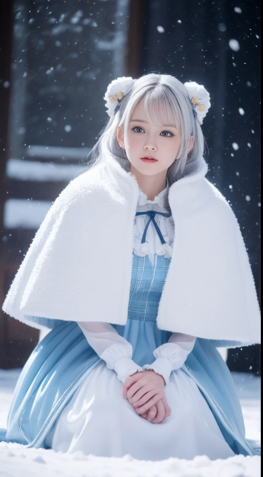 (8K,Photorealistic, high resolution,tmasterpiece), 1 Women, Solo, (ta costume,Gorgeous costumes),Face the audience,The upper part of the body,upper legs, beautidful eyes, White hair, ringed eyes, (outside,Heavy snowfall,Thick fur cape,Cover with snow),snowfield,Blue eyes,ssmile,Squat and sit,Illustrations of the highest quality,A meticulous face,Castle,